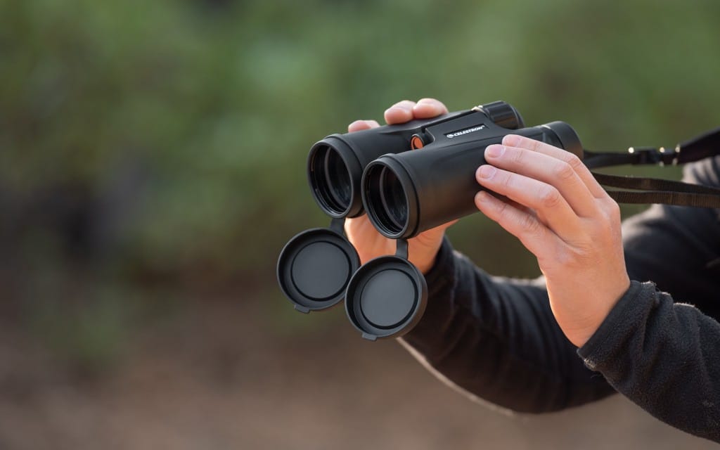 Celestron Outland X 8x42 binoculars held in hands, ready for outdoor adventures.

