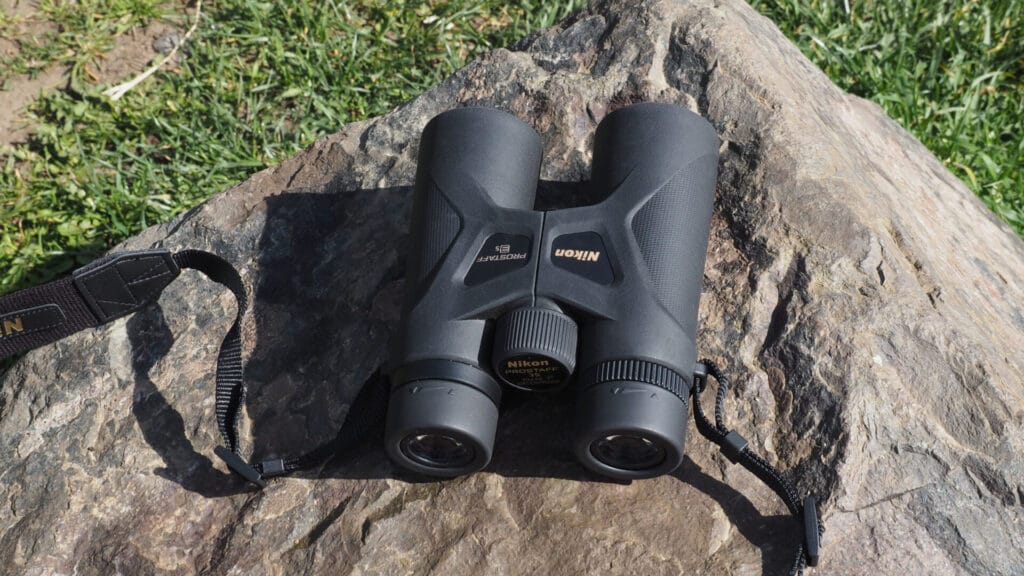 Compact Nikon Prostaff 3S 10x42 binoculars with powerful magnification and wide field of view.
