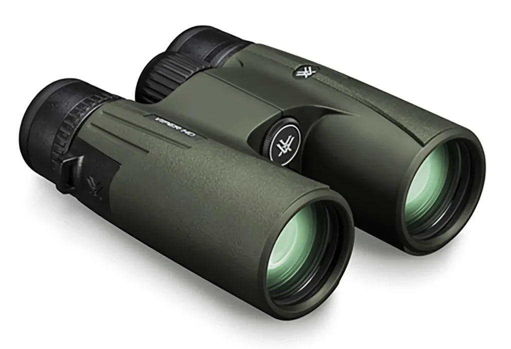 A pair of black Vortex Viper HD 10x42 binoculars resting on a white surface.