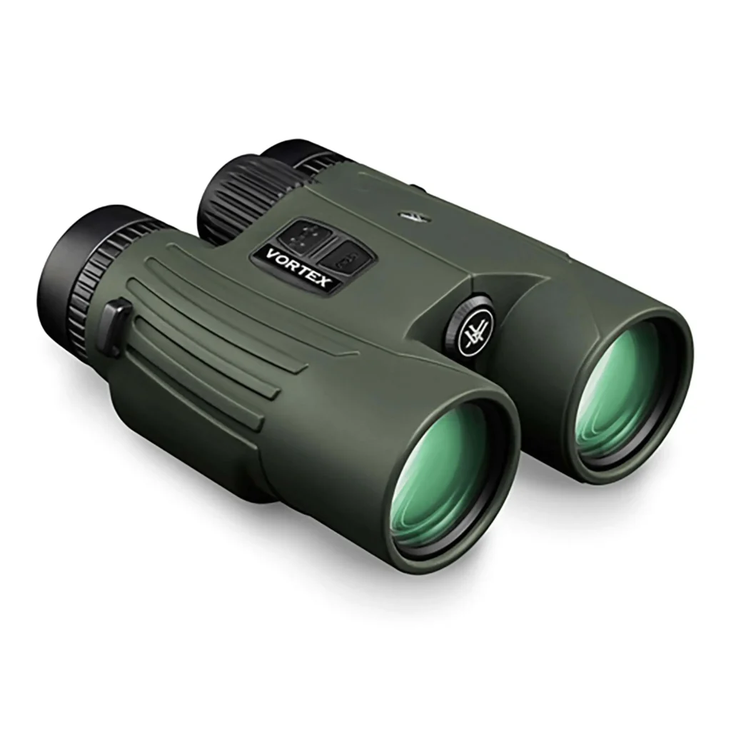 Black Vortex Fury HD 5000 binoculars with green lenses and a built-in laser rangefinder