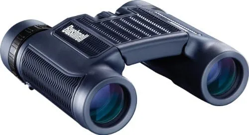 A pair of black Bushnell H2O binoculars with a blue rubber grip