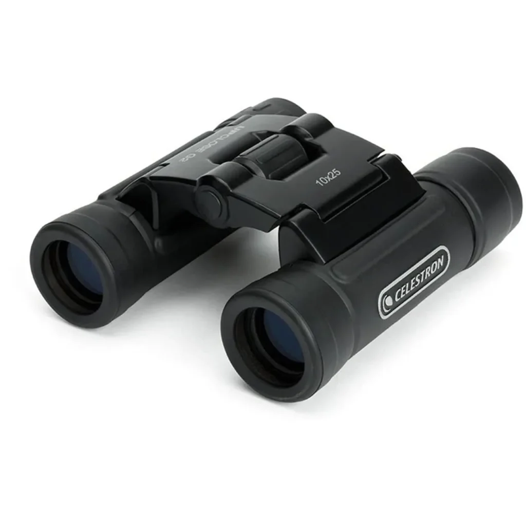 A pair of black Celestron UpClose G2 10x25 binoculars with a matte finish