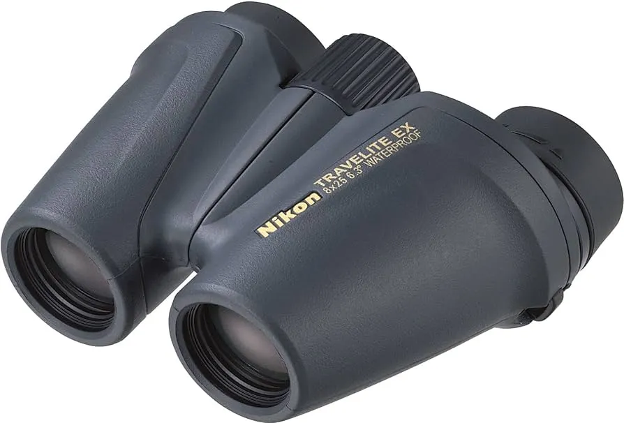 A pair of Nikon Travelite EX 8x25 binoculars in black with a white background