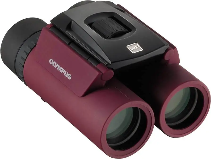 A pair of red and black Olympus 8x25 WP II binoculars