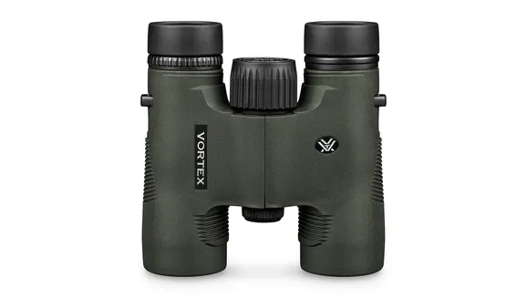 compact Vortex Diamondback HD 8x28 binoculars on a white surface.