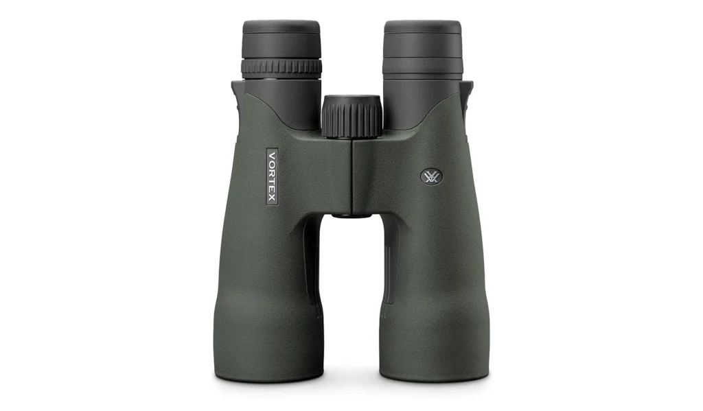  high-powered Vortex Razor UHD 10x50 binoculars with a black chassis and green objective lenses