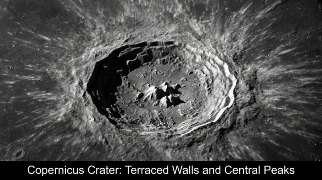 How to Use a Telescope to See the Moon: A Complete Beginner's Guide 3 A close up view highlighting terraced inner walls and a sharp cluster of central peaks