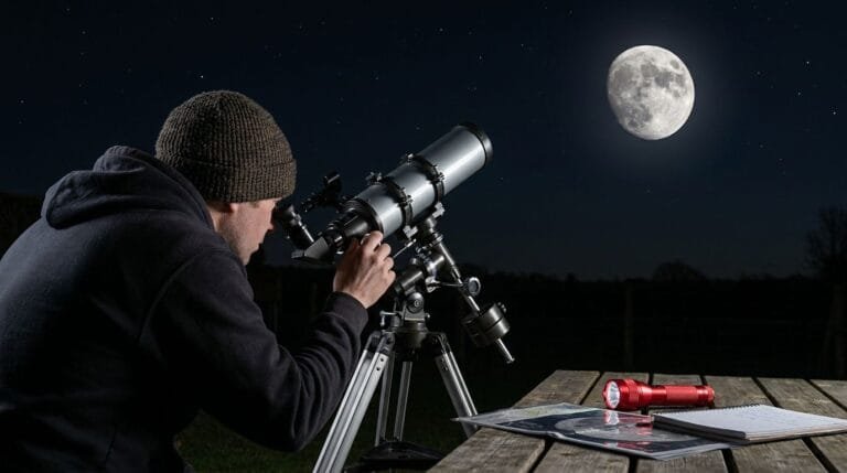 Beginner using a reflector telescope on a tripod to observe the Moon under a clear night sky with visible lunar craters.