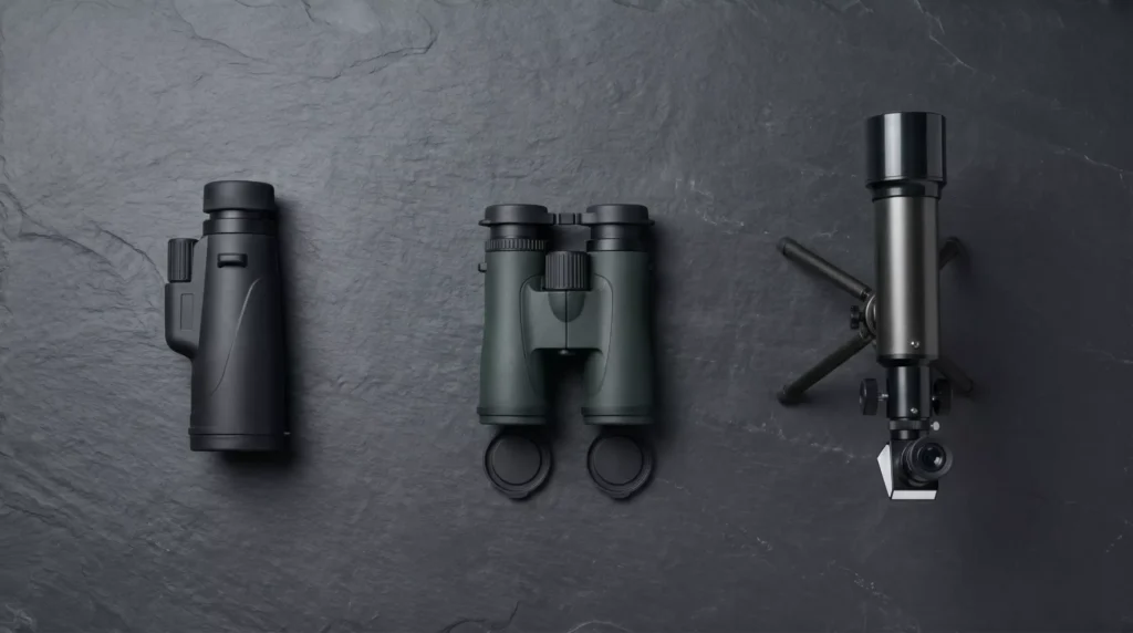 Monocular, binoculars, and refractor telescope side by side showing the difference between monocular and binocular telescope designs