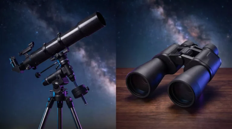 Telescope and binoculars side by side against a starry night sky showing the difference between the two optical instruments
