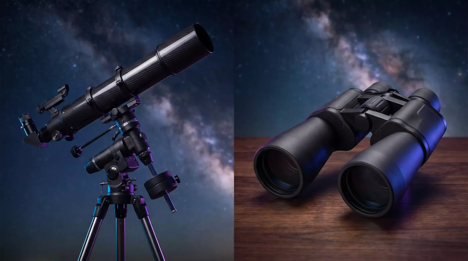 Telescope and binoculars side by side against a starry night sky showing the difference between the two optical instruments