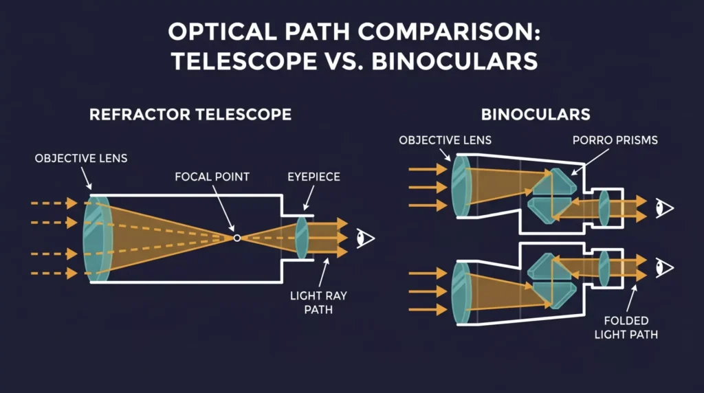 How a telescope works vs how binoculars work internal optical diagram showing light path, lenses, prisms and eyepiece