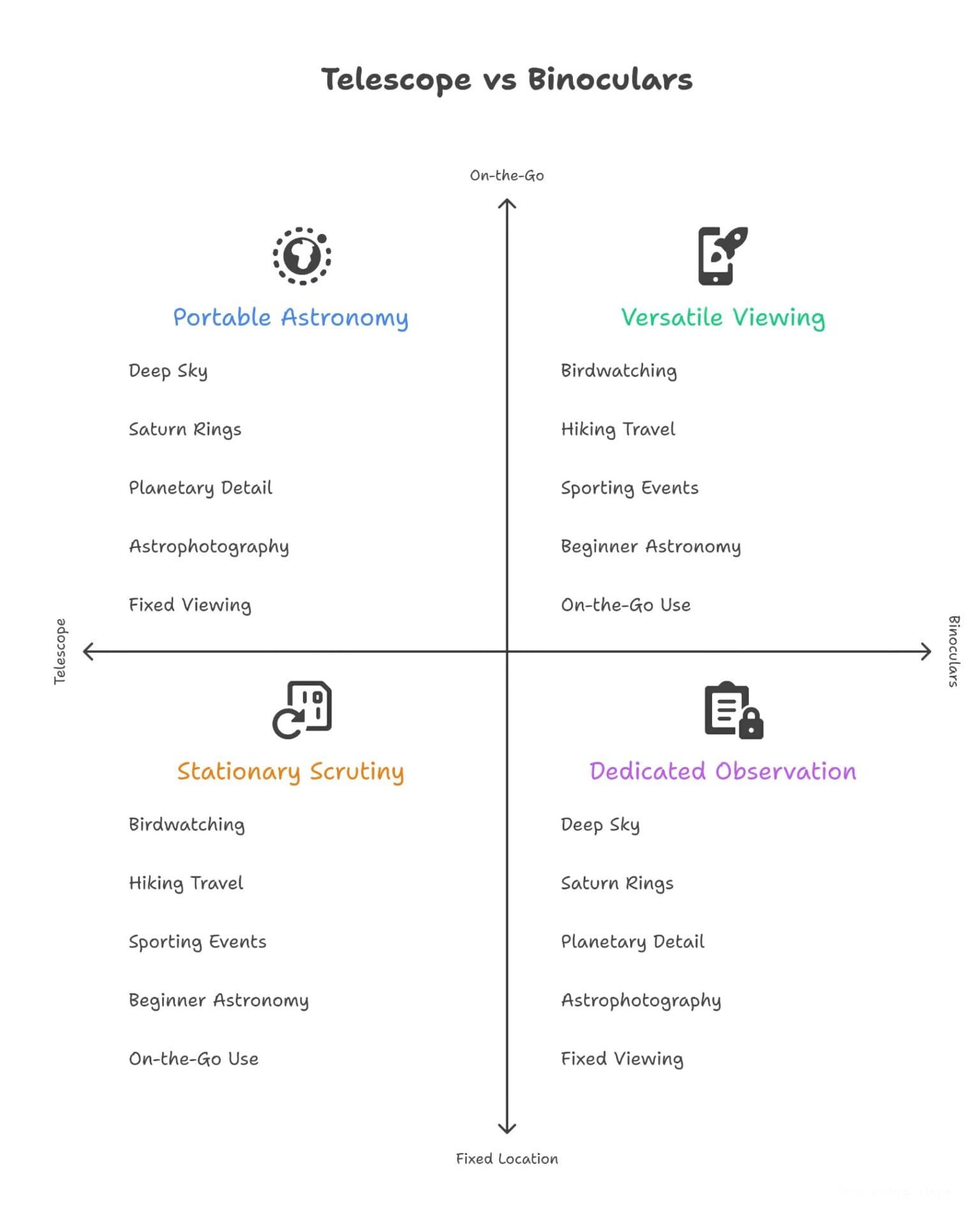 Infographic comparing telescope vs binoculars use cases stargazing, astrophotography, birdwatching, hiking and beginner astronomy
