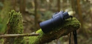 Pentax binoculars resting on a mossy branch in a forest